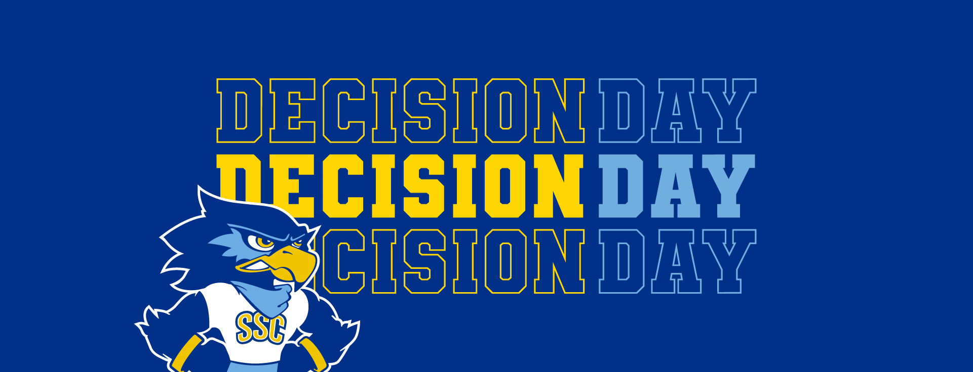 Repeating Text that reads: Decision Day with a cartoon Rally sanding in front of the text